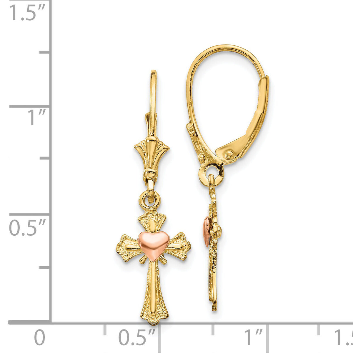 14K Two-tone Heart on Cross Leverback Earrings-K4528