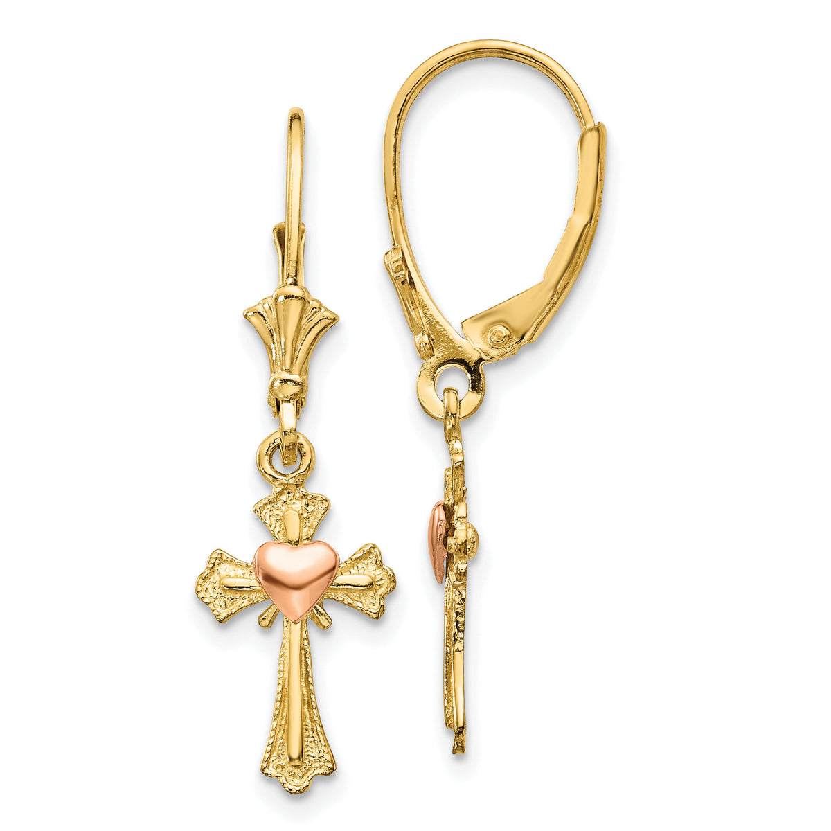 14K Two-tone Heart on Cross Leverback Earrings-K4528