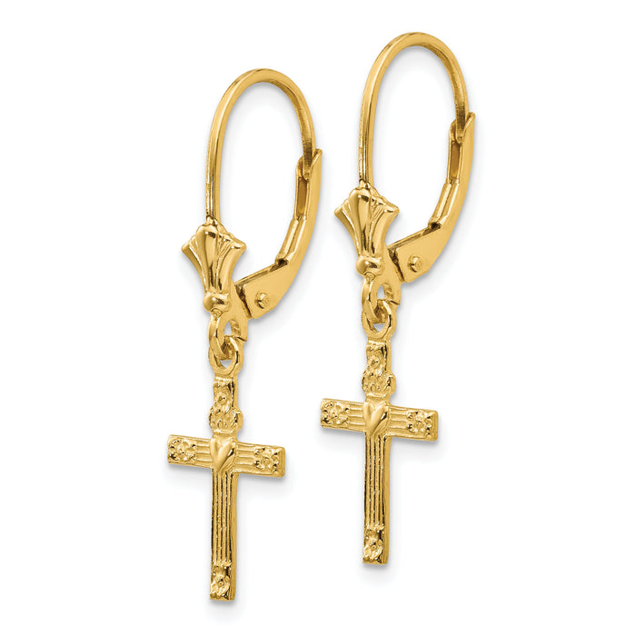 14K Mini Cross with Heart Leverback Earrings-K4531