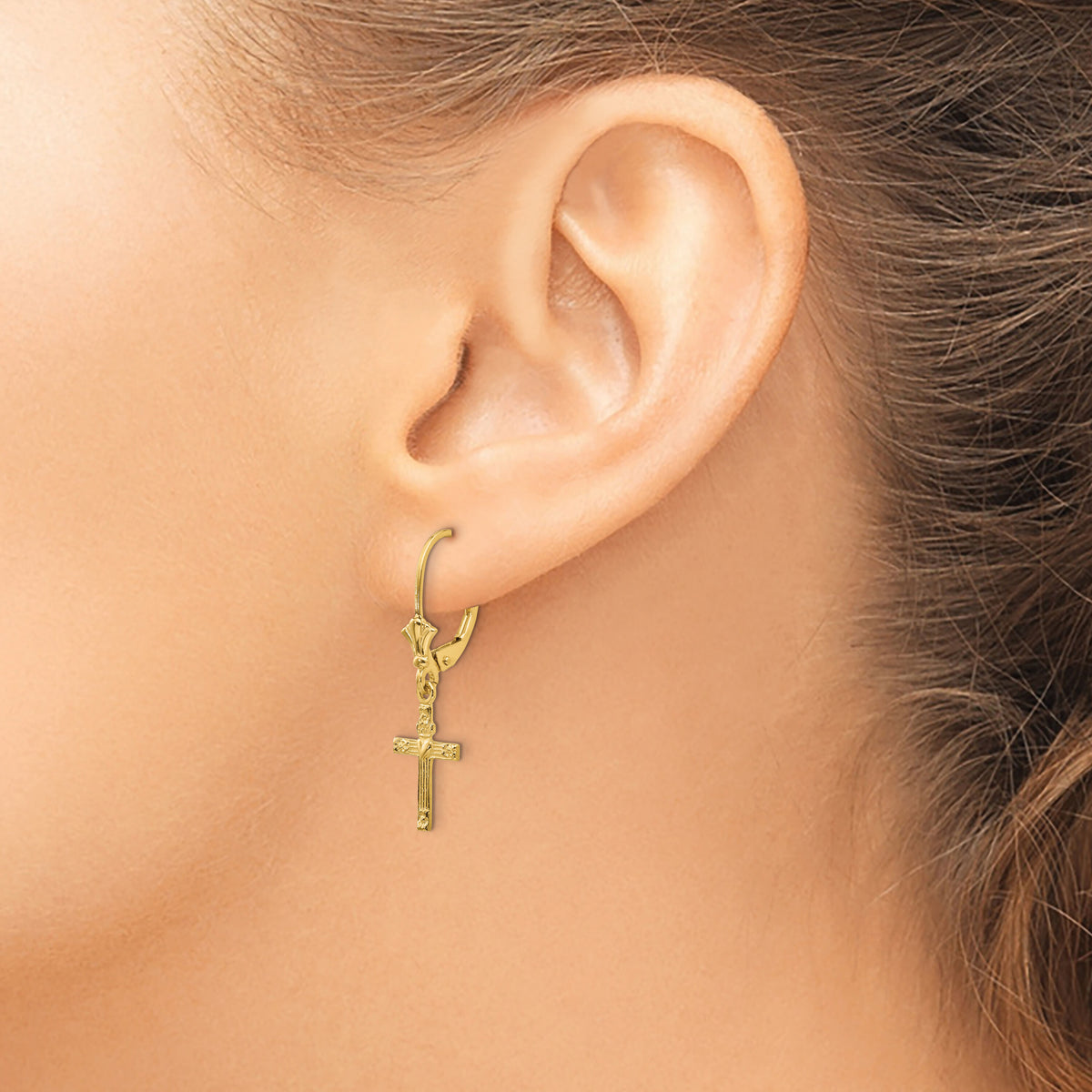 14K Mini Cross with Heart Leverback Earrings-K4531