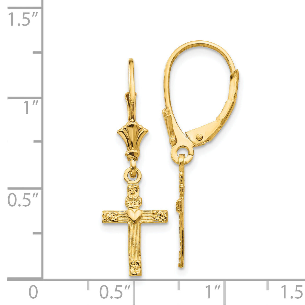 14K Mini Cross with Heart Leverback Earrings-K4531