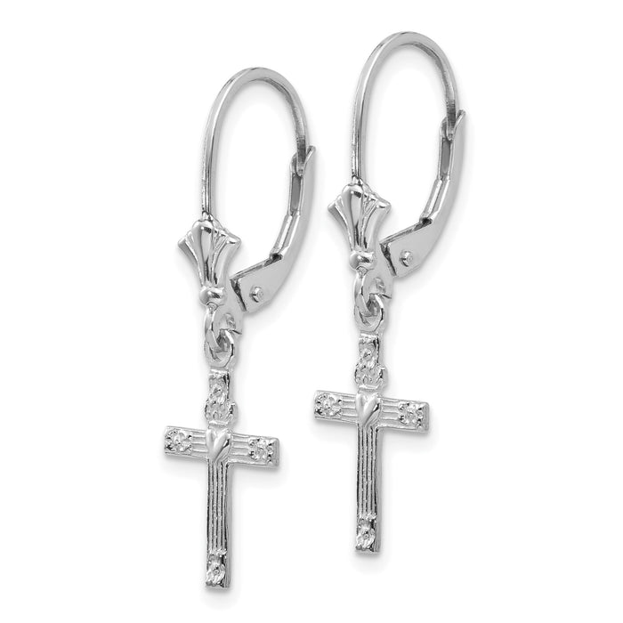 14K White Gold Mini Cross with Heart Leverback Earrings-K4531W