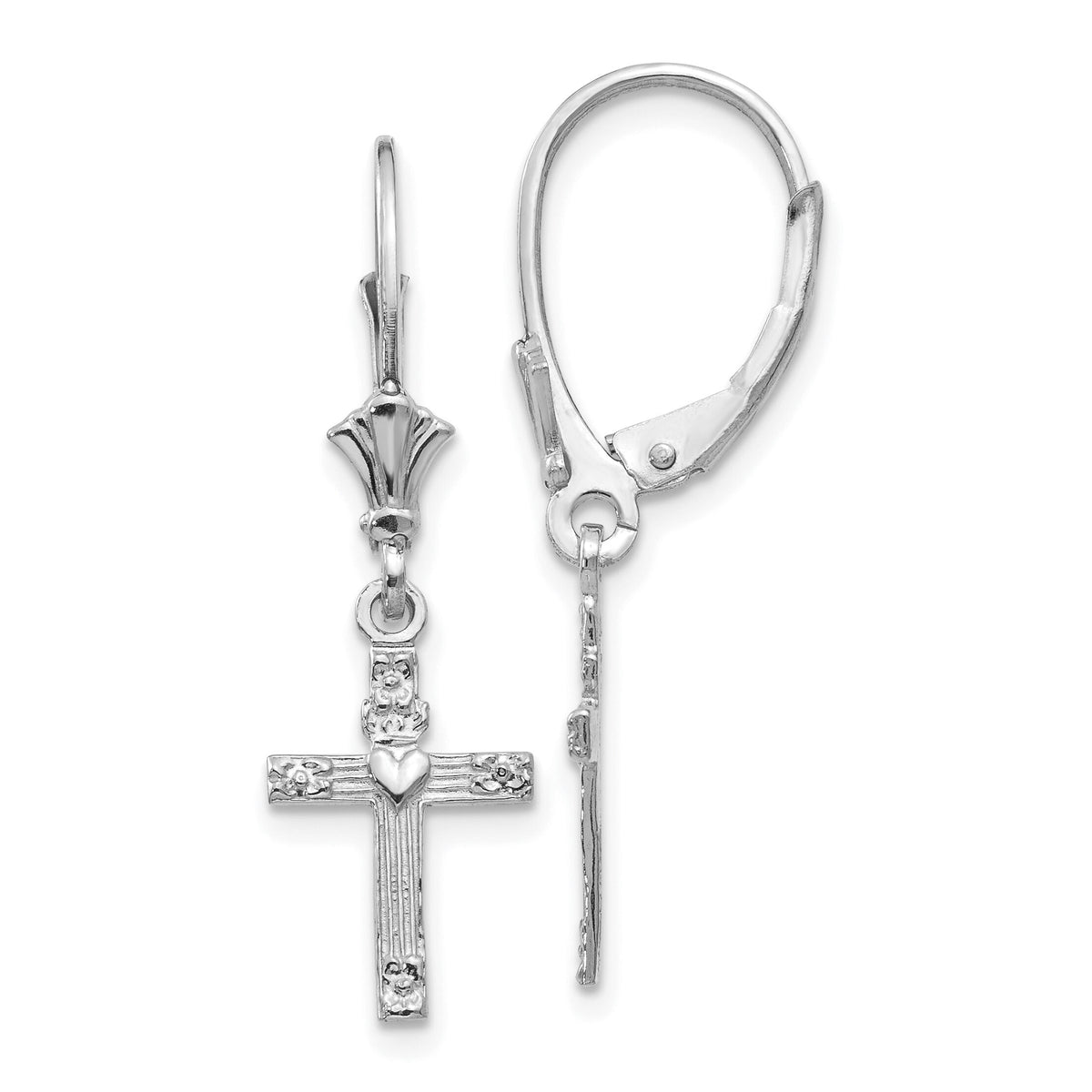 14K White Gold Mini Cross with Heart Leverback Earrings-K4531W