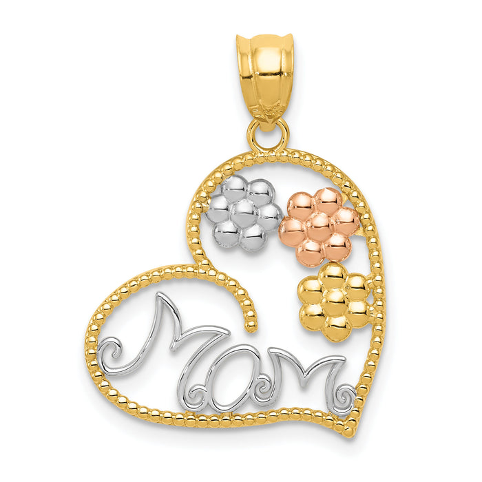 14k Tricolor MOM & Flowers Pendant-K4728
