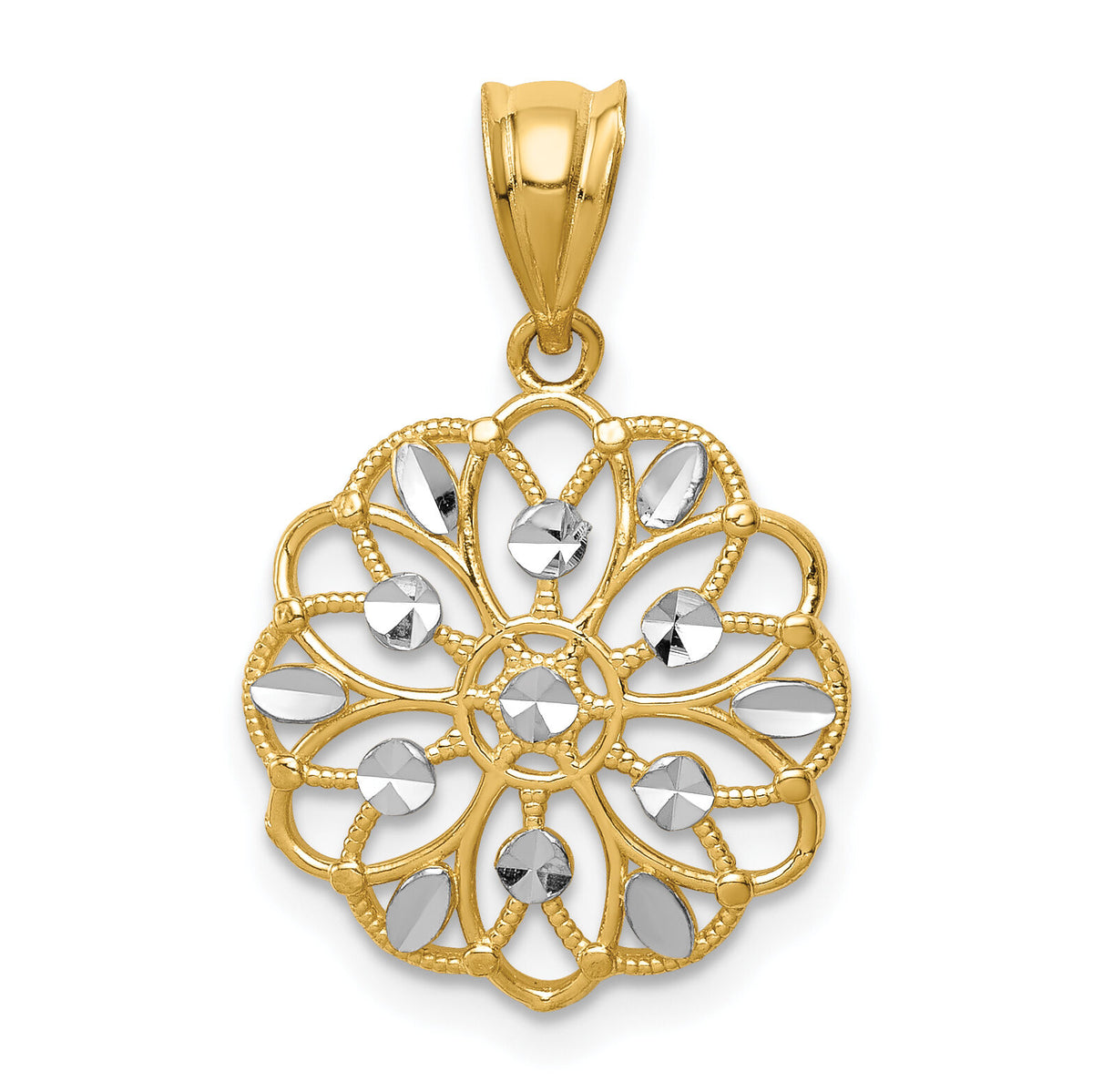 14K w/Rhodium Diamond-Cut Round Pendant-K4785