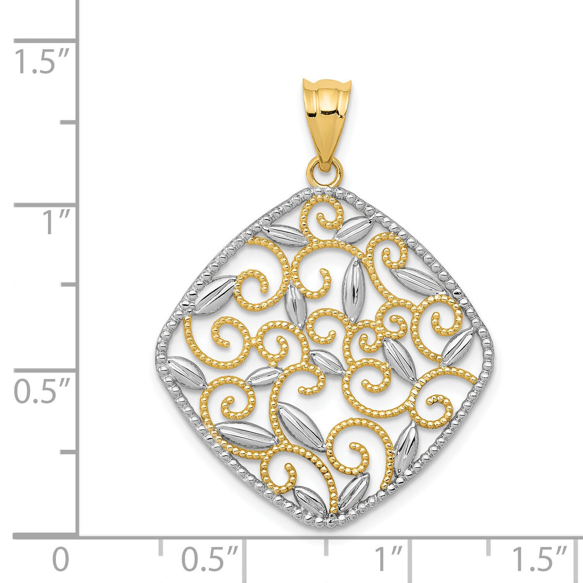 14K w/Rhodium Diamond-Cut Filigree Swirl Pendant-K4789