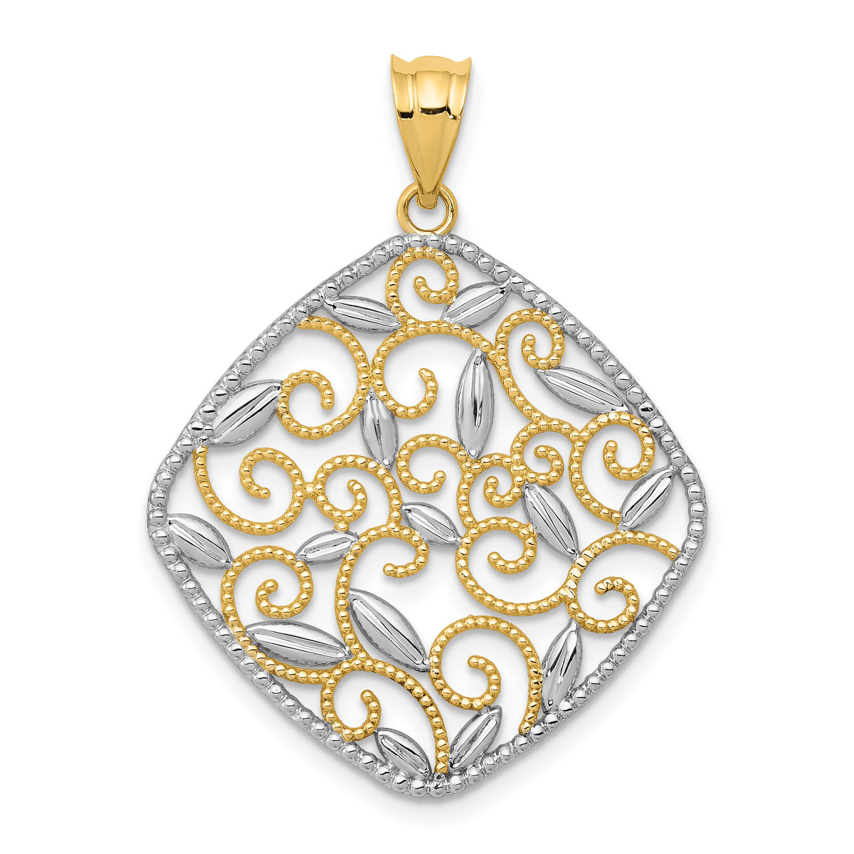 14K w/Rhodium Diamond-Cut Filigree Swirl Pendant-K4789