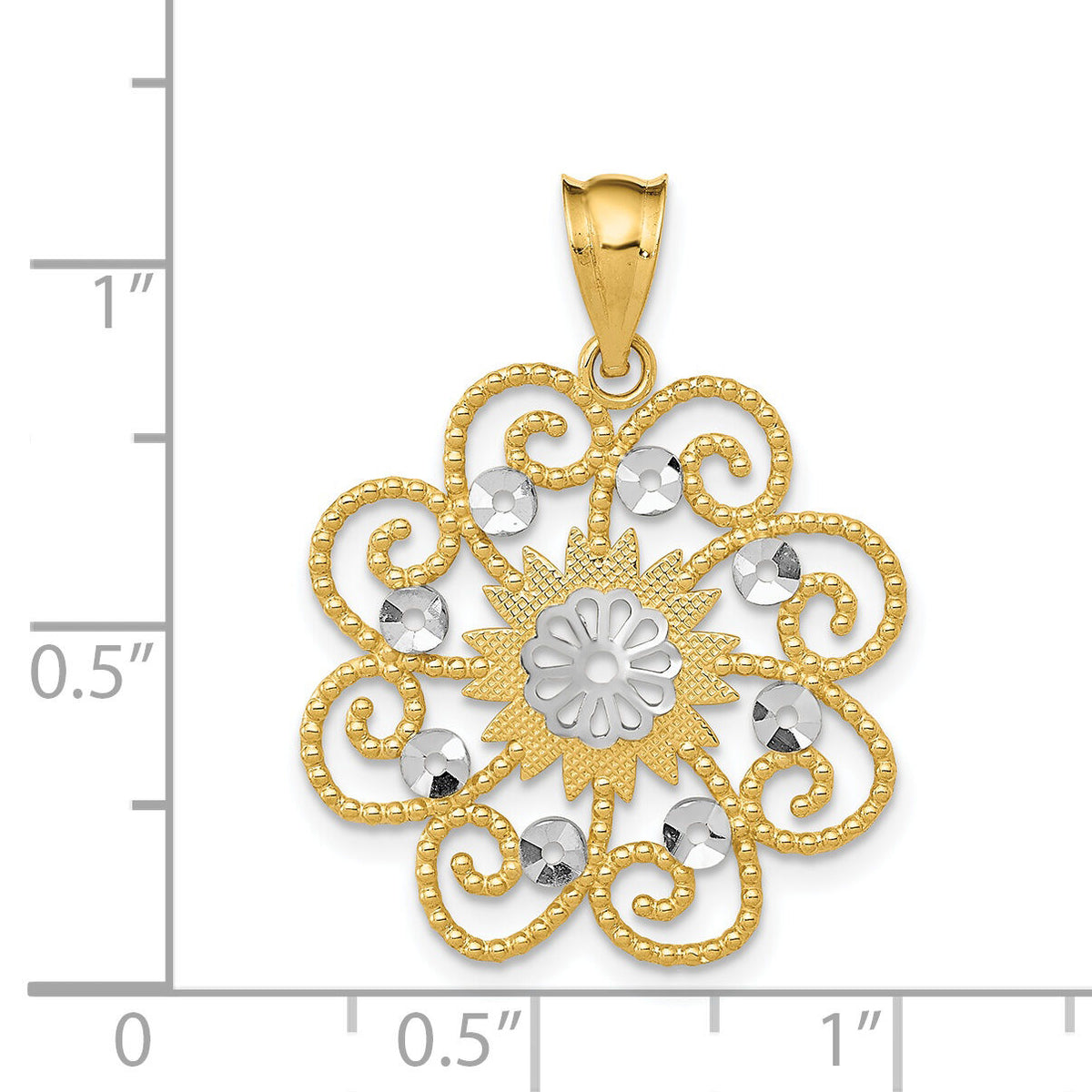 14k and Rhodium Diamond-cut Swirl Round Pendant-K4790