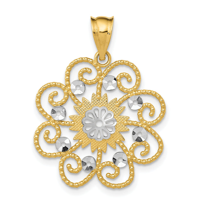 14k and Rhodium Diamond-cut Swirl Round Pendant-K4790