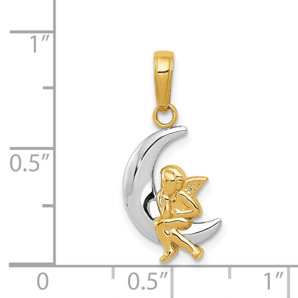 14k and Rhodium Polished Moon w/ Angel Pendant-K4816