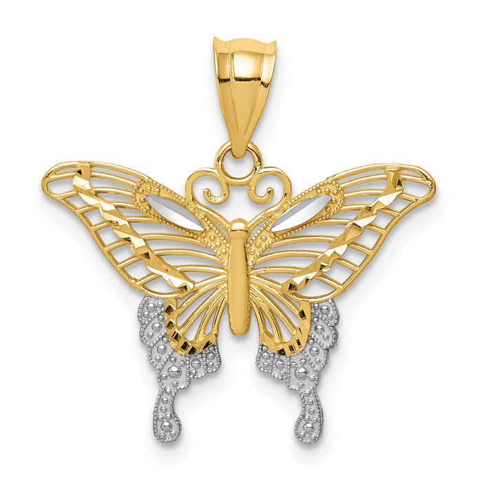 14k and Rhodium Diamond-cut Butterfly Pendant-K4841