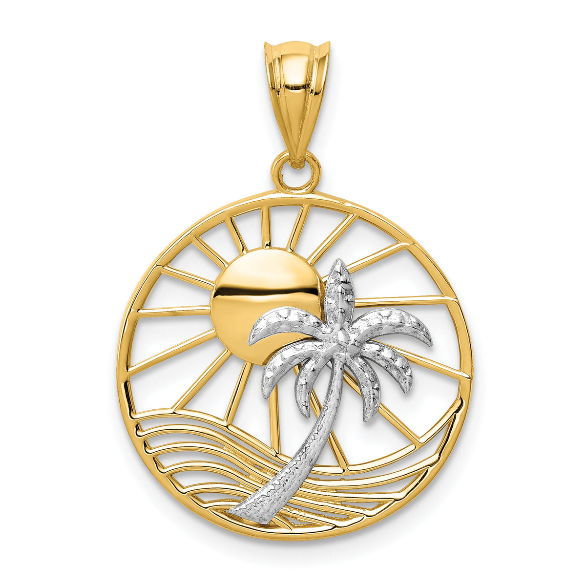 14K Two-tone Sun and Palm Tree Pendant-K4902