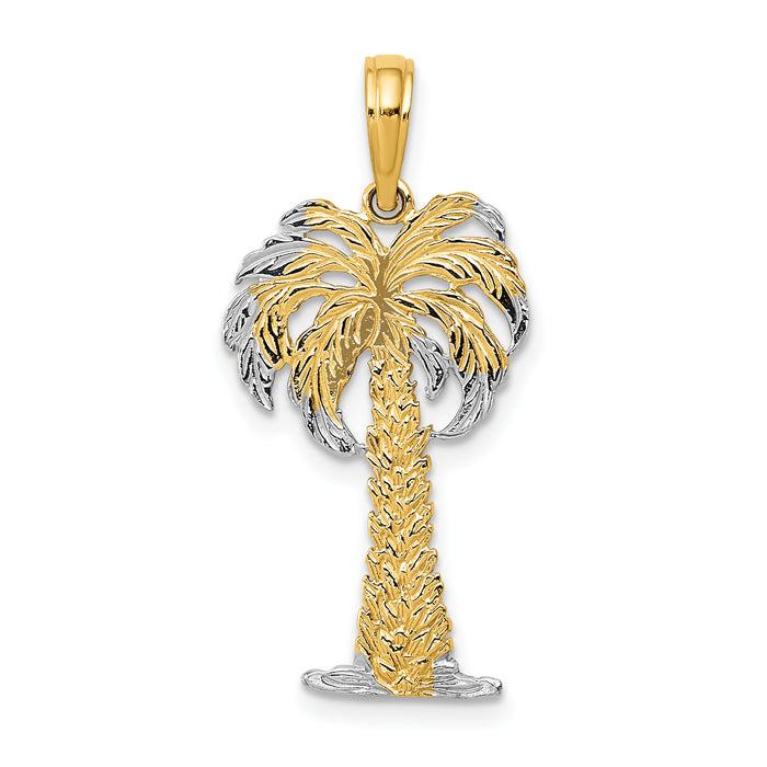 14K w/ Rhodium Polished And Textured Palm Tree Pendant-K4917