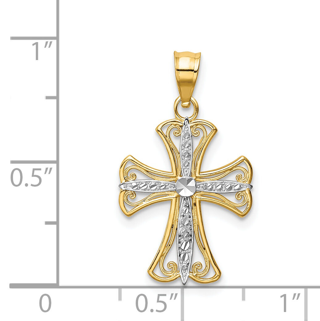 14k w/Rhodium Diamond-cut Cross Pendant-K5018