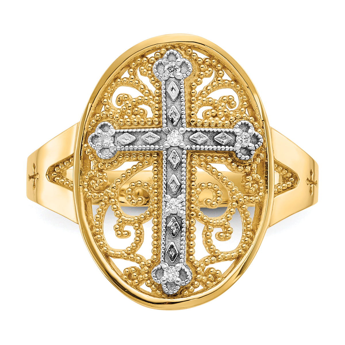 14k Yellow & White Gold Diamond Filigree Cross Ring-K5120