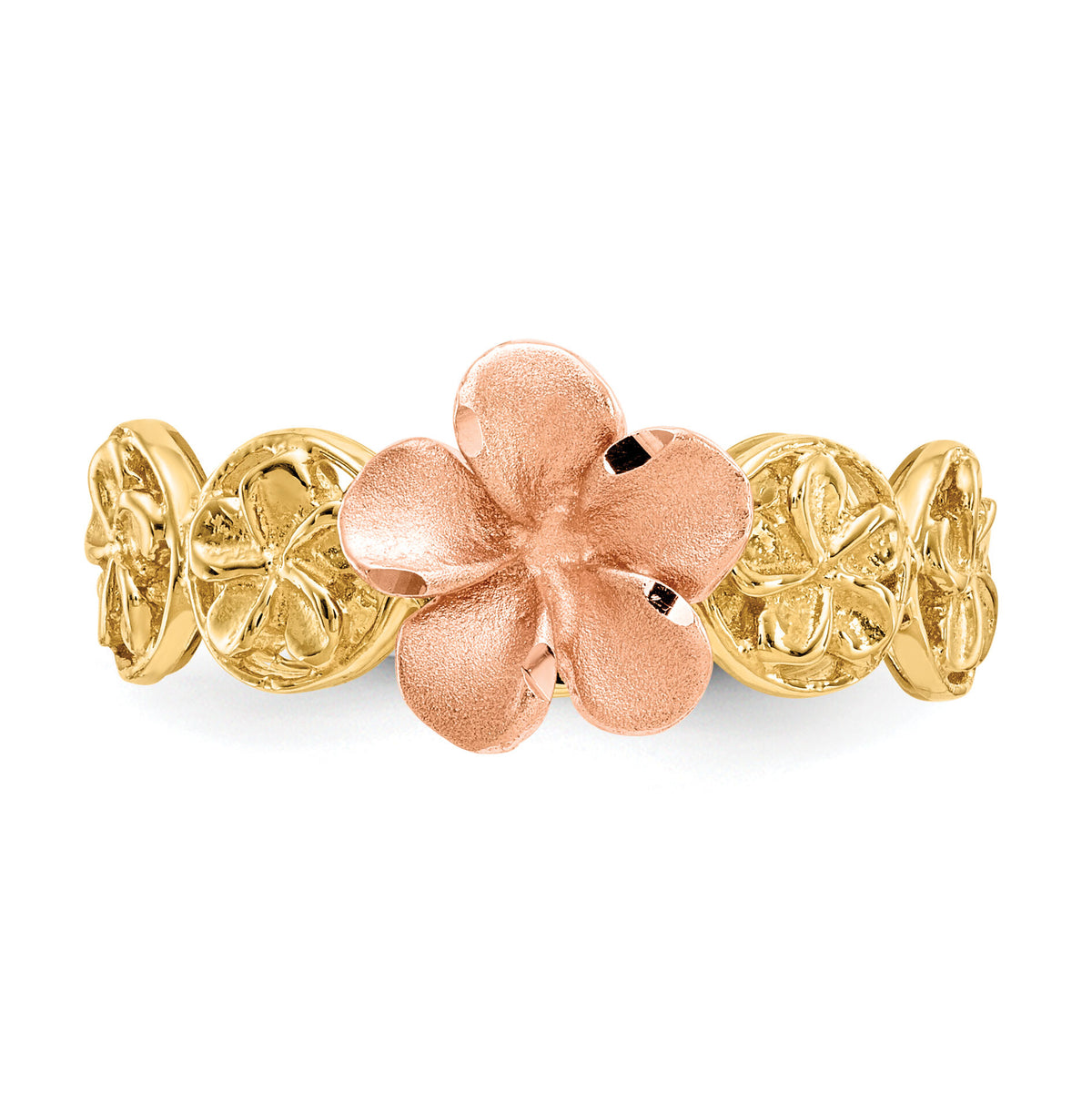 14k Yellow & Rose Gold Diamond-cut Plumeria Flower Ring-K5126