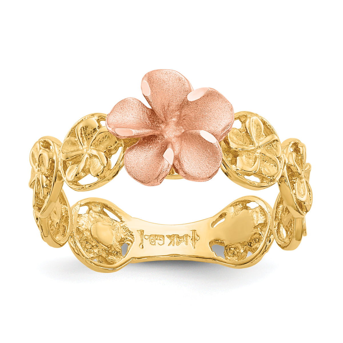 14k Yellow & Rose Gold Diamond-cut Plumeria Flower Ring-K5126