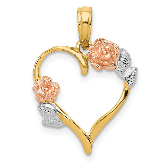 14K Two-tone and White Rhodium Polished Flower Heart Pendant-K5160