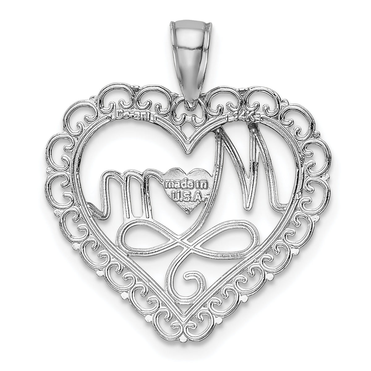 14K White Gold Polished MOM Scallop Heart Pendant-K5195