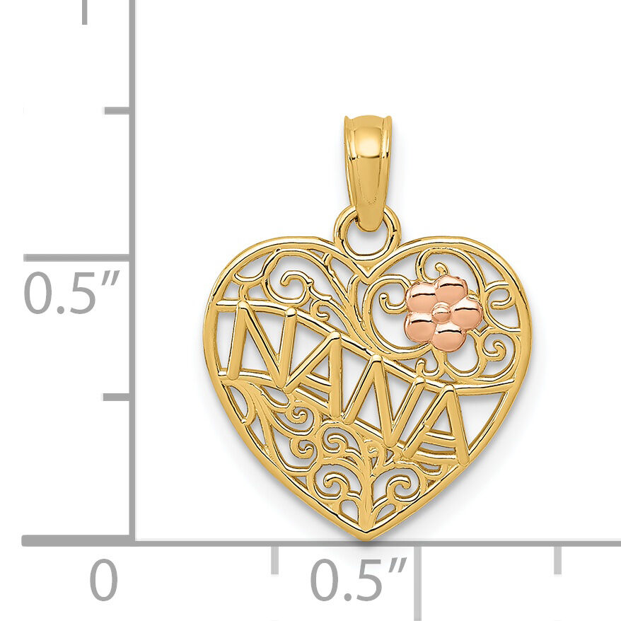 14K Two-tone Polished NANA w/Flower on Heart Pendant-K5206