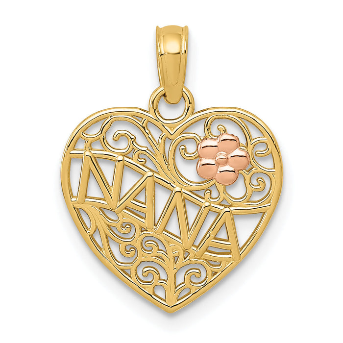 14K Two-tone Polished NANA w/Flower on Heart Pendant-K5206
