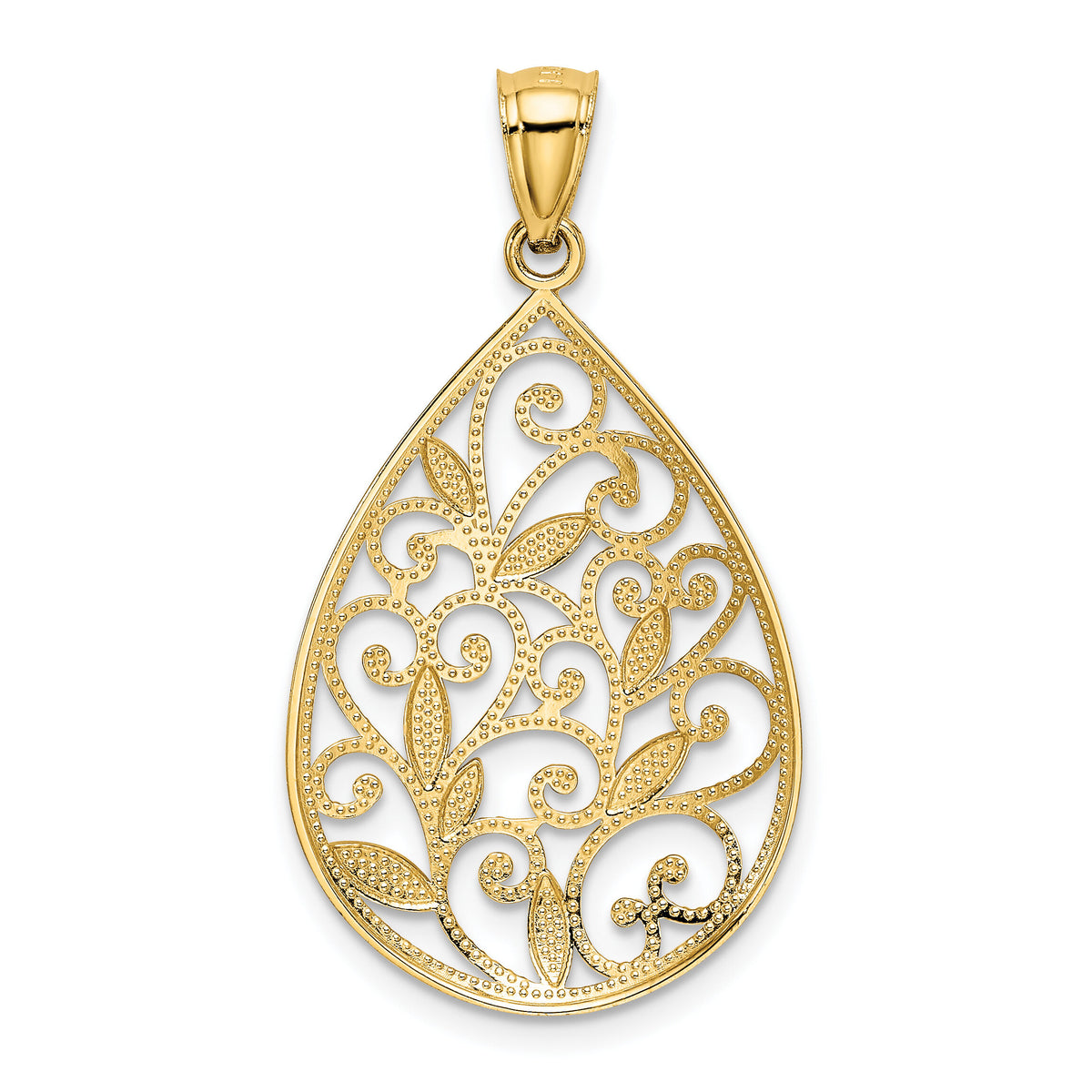 14K Gold Polished / Textured Filigree Teardrop Pendant-K5280