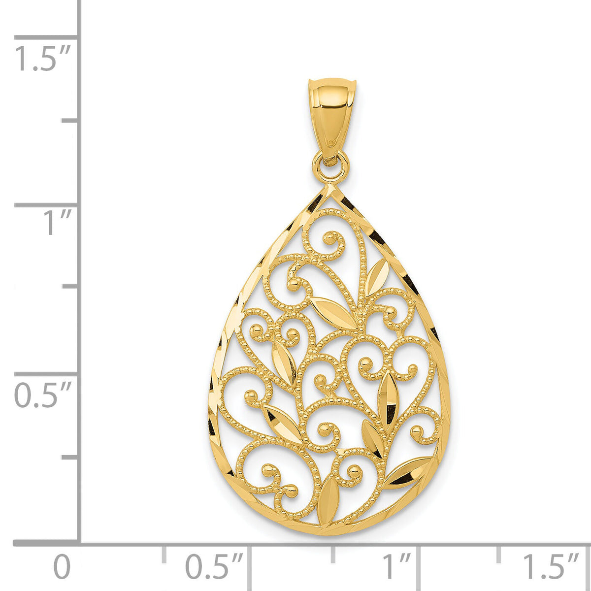 14K Gold Polished / Textured Filigree Teardrop Pendant-K5280