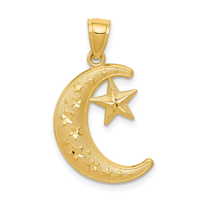 14k Gold Polished and Textured Moon and Stars Pendant-K5299