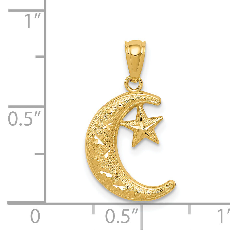 14k Gold Polished and Textured Moon and Stars Pendant-K5305