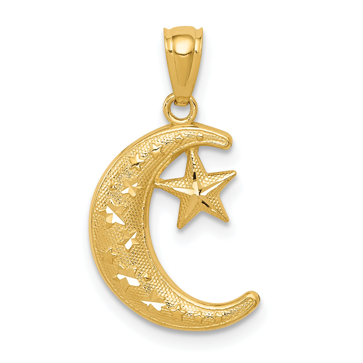 14k Gold Polished and Textured Moon and Stars Pendant-K5305