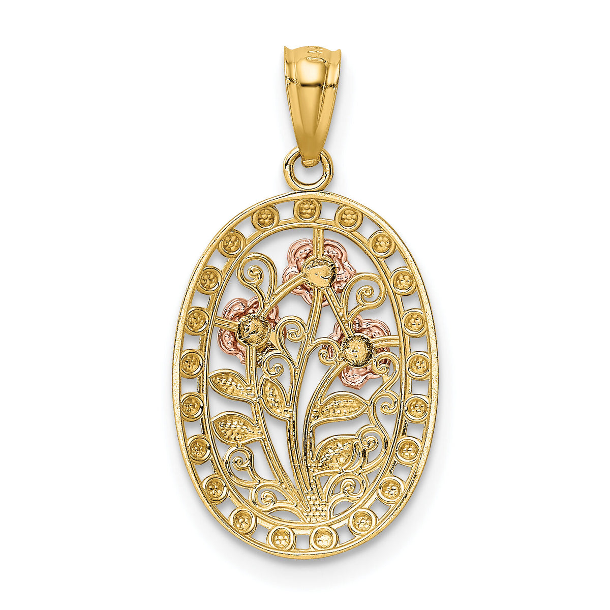 14k Yellow and Rose Gold w/White Rhodium Oval 3 Rose Pendant-K5310