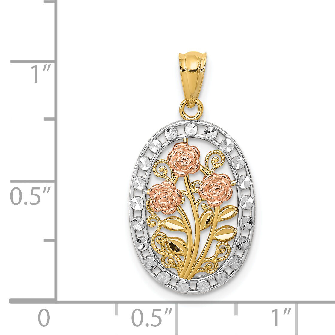 14k Yellow and Rose Gold w/White Rhodium Oval 3 Rose Pendant-K5310