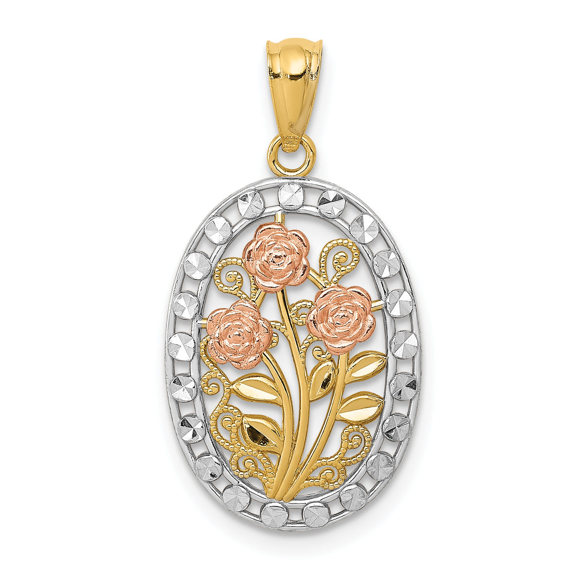 14k Yellow and Rose Gold w/White Rhodium Oval 3 Rose Pendant-K5310