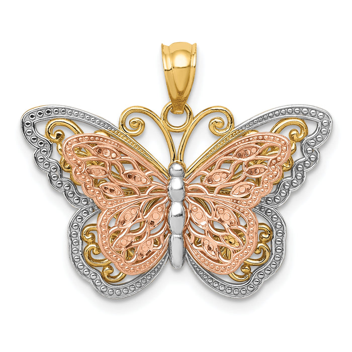14k Two-tone w/White Rhodium Cut-out 2-level Butterfly Pendant-K5324