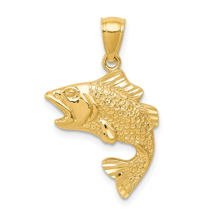 14k Gold Polished Textured Bass Pendant-K5356