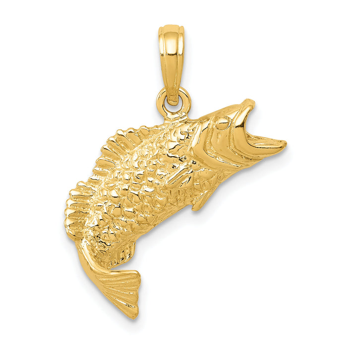 14K Gold Polished Textured Bass Fish Pendant-K5362