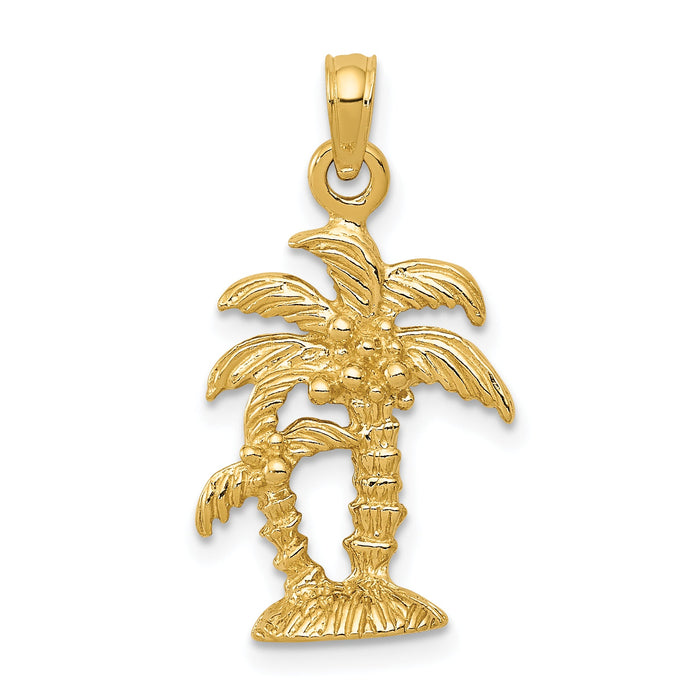 14K Gold Polished / Textured Double Palm Trees Pendant-K5385