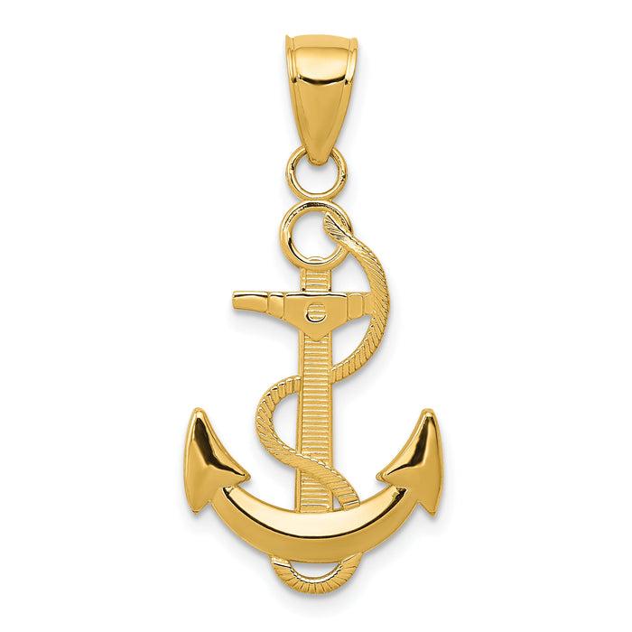 14k Polished Anchor with Textured Rope Pendant-K5393