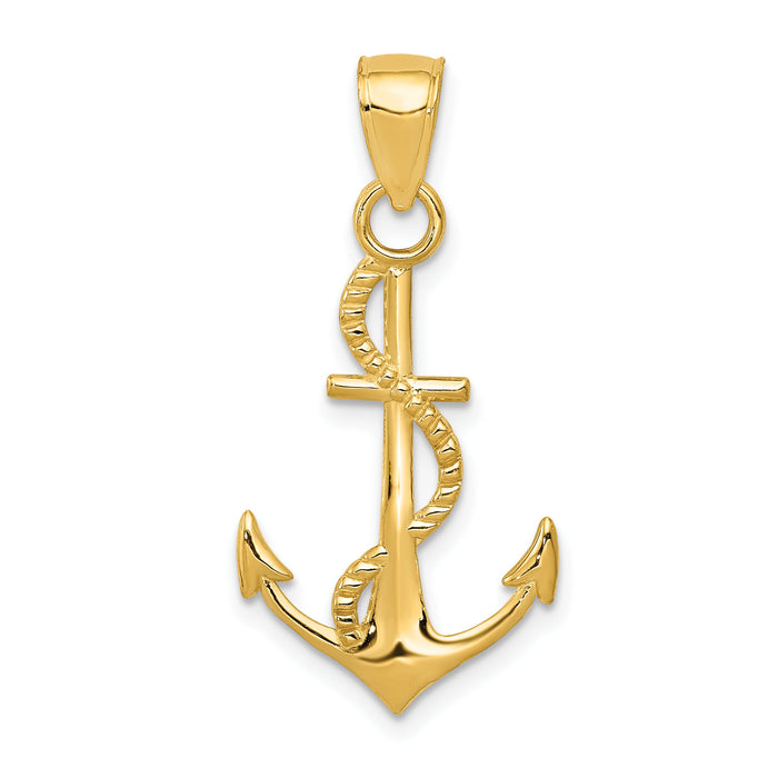 14K Gold Polished Anchor W/Rope Pendant-K5395