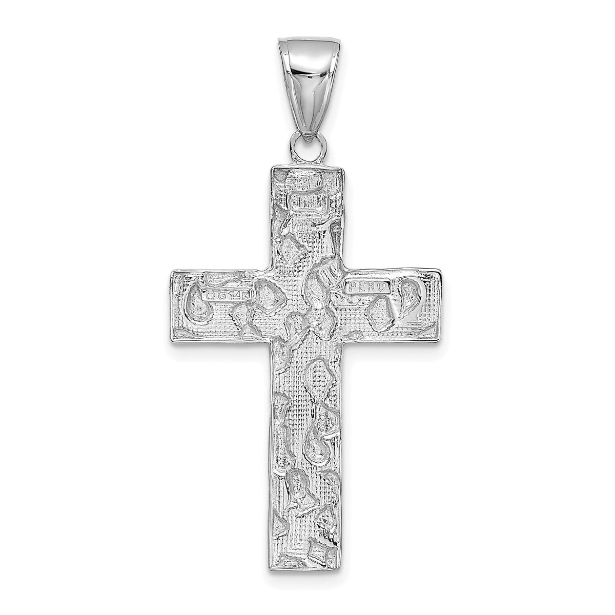 14K White Gold Polished/Textured Nugget Style Cross Pendant-K5451W