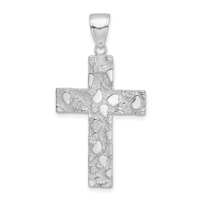 14K White Gold Polished/Textured Nugget Style Cross Pendant-K5451W