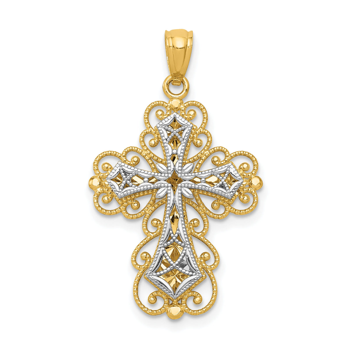 14K Two-tone Gold Polished 2 Level Filigree Cross Pendant-K5454