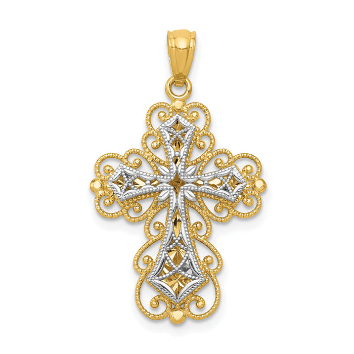 14K Two-tone Gold Polished 2 Level Filigree Cross Pendant-K5454