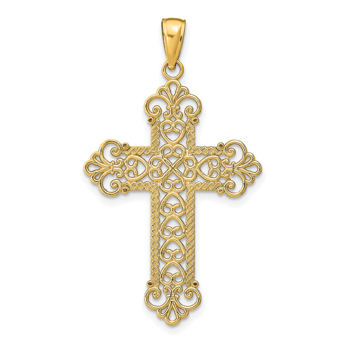 14K Polished Large Rope Frame Filigree Cross Pendant-K5456