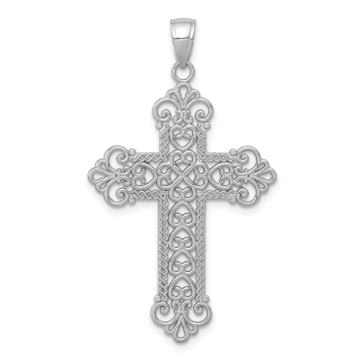 14K White Gold Polished Large Rope Frame Filigree Cross Pendant-K5456W