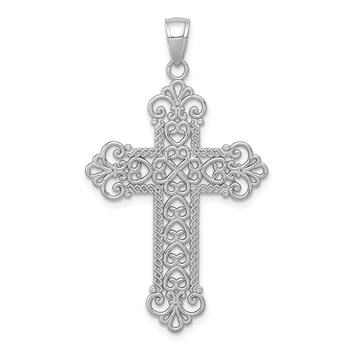 14K White Gold Polished Large Rope Frame Filigree Cross Pendant-K5456W