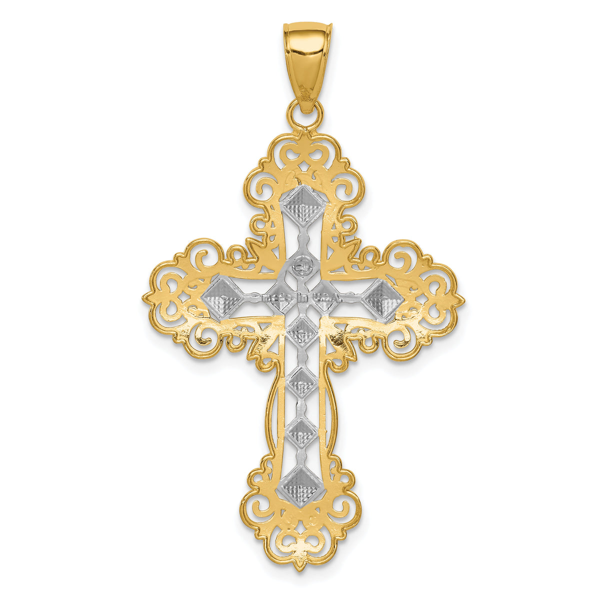 14K w/Rhodium Polished Textured Diamond Pattern Cross Pendant-K5458