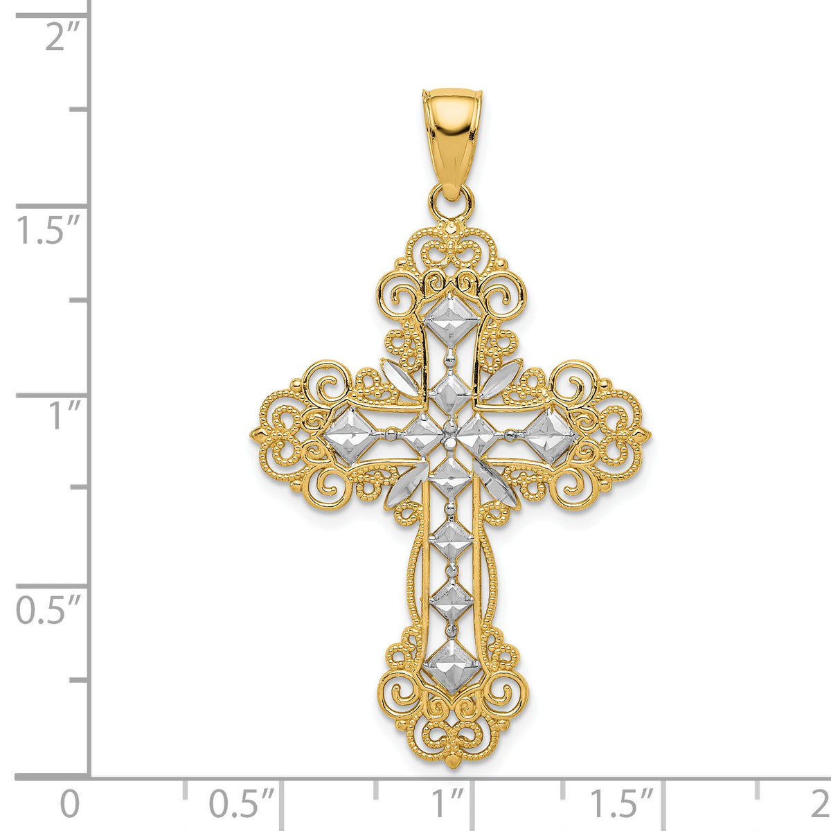 14K w/Rhodium Polished Textured Diamond Pattern Cross Pendant-K5458