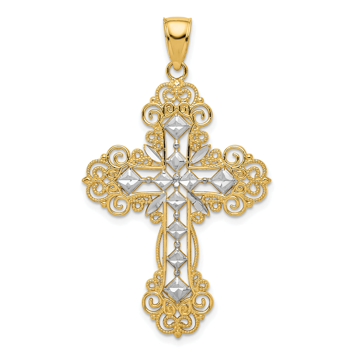 14K w/Rhodium Polished Textured Diamond Pattern Cross Pendant-K5458