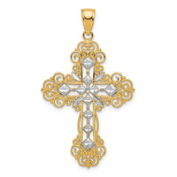 14K w/Rhodium Polished Textured Diamond Pattern Cross Pendant-K5458